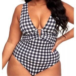Adore Me Gingham White & Black One Piece Swimsuit Ruched Size‎ 0X
